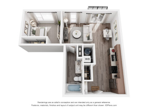 3D floor plan of a one-bedroom apartment featuring a bedroom, bathroom, kitchen, laundry area, and an open living/dining space with large windows and modern furnishings.
