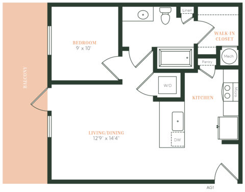 A one-bedroom apartment floor plan featuring a balcony, living/dining area, kitchen with pantry, bathroom, walk-in closet, linen closet, washer/dryer, and mechanical room.