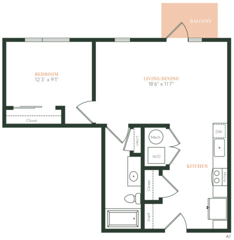 Floor plan of a one-bedroom apartment with a bedroom, living/dining area, kitchen, bathroom, two closets, laundry, mechanical room, and a balcony. The living/dining area connects to the balcony.