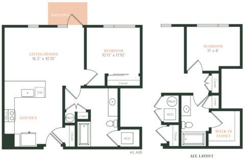 Floor plans for a two-bedroom apartment, showing living/dining, kitchen, bedrooms, bathrooms, closets, laundry, balcony, and an alternate layout with walk-in closet and adjusted bathroom and bedroom placements.