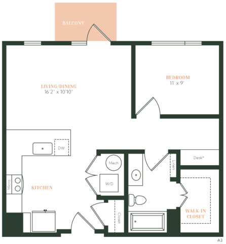 Floor plan of a one-bedroom apartment featuring a kitchen, living/dining area, bedroom, walk-in closet, bathroom, laundry, desk area, and a balcony. Appliances and fixtures are labeled throughout.