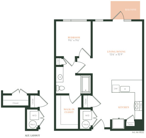 Floor plan of a one-bedroom apartment with a kitchen, living/dining area, bathroom, walk-in closet, washer/dryer, pantry, and balcony. Includes labeled closet spaces and mechanical areas.