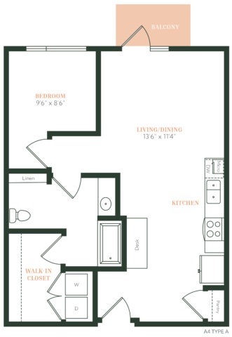Floor plan of a one-bedroom apartment featuring a kitchen, living/dining area, bathroom, walk-in closet, linen closet, laundry area, desk, and a balcony accessible from the living space.