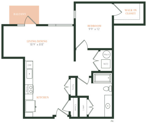 Floor plan of a one-bedroom apartment with kitchen, living/dining area, bathroom, walk-in closet, laundry, pantry, coat closet, linen closet, mechanical room, and balcony. Dimensions are labeled.