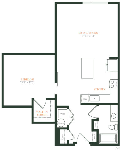 Apartment floor plan with one bedroom, walk-in closet, bathroom, laundry area, kitchen with island, and combined living/dining area. Entryway includes a closet, and there are large windows in the living/dining area.
