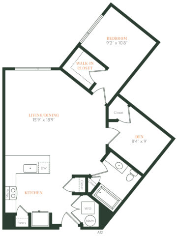 Floor plan of a one-bedroom apartment with a kitchen, living/dining area, bedroom with walk-in closet, den, bathroom, laundry area, pantry, and mechanical closet. Rooms are labeled with dimensions.