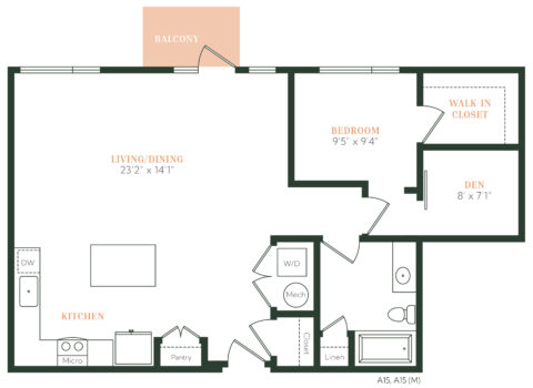 Floor plan of a one-bedroom apartment featuring a kitchen, living/dining area, bedroom, walk-in closet, den, bathroom, laundry area, pantry, linen closet, mechanical room, and balcony.