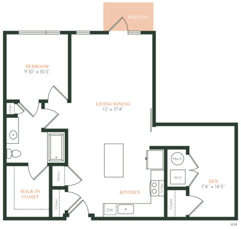 A one-bedroom apartment floor plan featuring a bedroom, walk-in closet, bathroom, kitchen with island, living/dining area, den, washer/dryer, balcony, and pantry. Measurements and labels are included throughout.