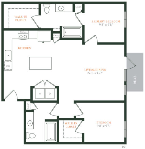 Floor plan of a two-bedroom apartment featuring two walk-in closets, a kitchen with pantry, one bathroom, a laundry area, a combined living/dining area, and a patio. Room dimensions are labeled in feet and inches.
