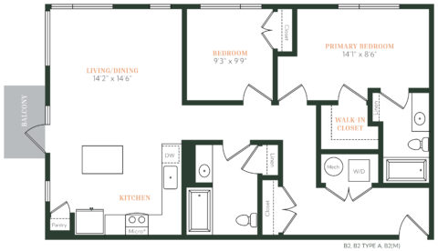 Floor plan of a two-bedroom, one-bath apartment. Features a kitchen, living/dining area, bedrooms, walk-in closet, bathroom, washer/dryer, storage, mechanical room, and a balcony.