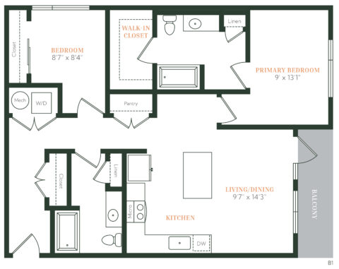 Floor plan of a two-bedroom apartment featuring a primary bedroom with walk-in closet and en-suite bathroom, a second bedroom, two bathrooms, kitchen, living/dining area, linen closets, and a balcony.