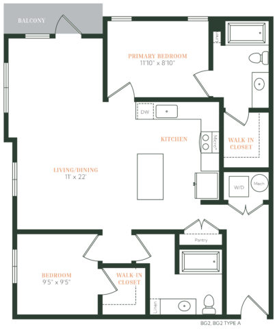 Floor plan of a two-bedroom, two-bathroom apartment with a kitchen, living/dining area, two walk-in closets, a pantry, washer/dryer, and a balcony. Each bedroom is near a bathroom and storage spaces.