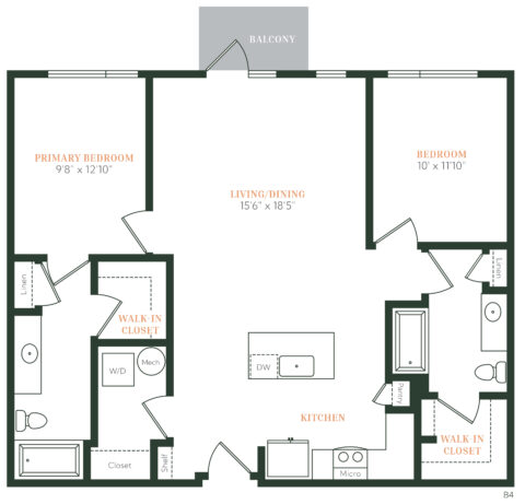 Floor plan of a two-bedroom, two-bath apartment with a balcony, kitchen with island, living/dining area, two walk-in closets, laundry, and labeled rooms and dimensions.