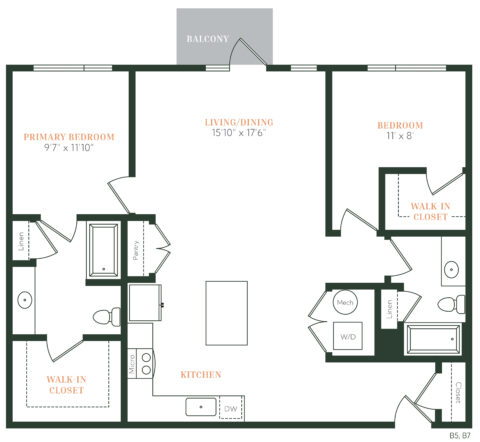 Floor plan of a two-bedroom, two-bath apartment with a kitchen, living/dining area, balcony, two walk-in closets, laundry area, and labeled storage areas. Rooms and measurements are clearly marked.