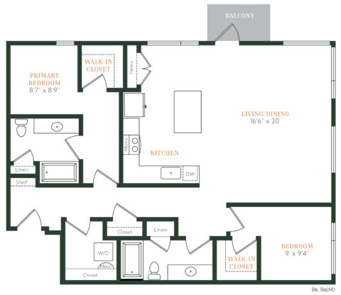Floor plan of a two-bedroom apartment with two walk-in closets, two bathrooms, kitchen with island, living/dining area, washer/dryer, linen closets, and a balcony. Primary bedroom and secondary bedroom are labeled.