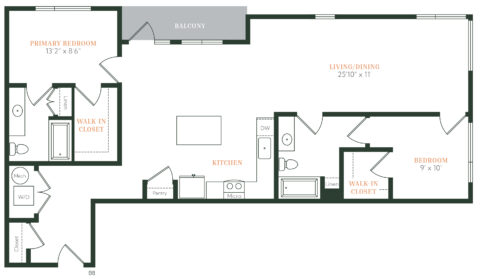 Floor plan of a two-bedroom apartment with a primary bedroom, secondary bedroom, two walk-in closets, two bathrooms, kitchen with island, living/dining area, pantry, laundry, and a balcony.