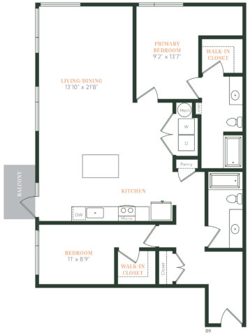 Floor plan of a two-bedroom apartment with an open living/dining area, kitchen with island, two walk-in closets, two bathrooms, pantry, laundry space, and a balcony accessible from the living area.