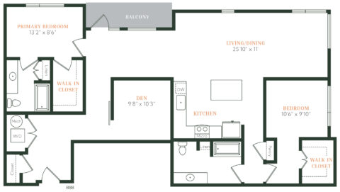 Floor plan of a two-bedroom apartment with labeled rooms, including two walk-in closets, a den, a kitchen, living/dining area, two bathrooms, and a balcony. Room dimensions are marked in feet and inches.
