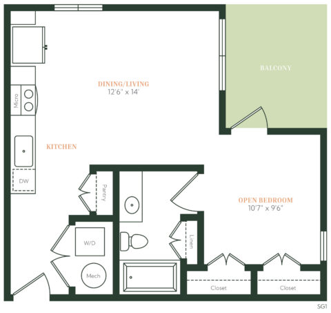 Floor plan of a studio apartment with an open bedroom, kitchen, dining/living area, bathroom, pantry, linen closet, washer/dryer, and a balcony. The bedroom has two closets and the kitchen includes appliances.