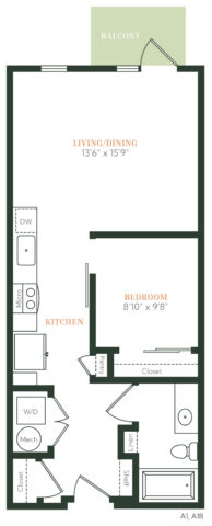 Apartment floor plan showing a bedroom, bathroom, kitchen, living/dining area, washer/dryer, closets, and a balcony. The bedroom is 810 x 98; living/dining is 136 x 159.