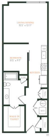 Floor plan of a one-bedroom apartment showing a walk-in closet, bathroom, bedroom, kitchen with appliances, pantry, closet, washer/dryer, and a combined living/dining area.