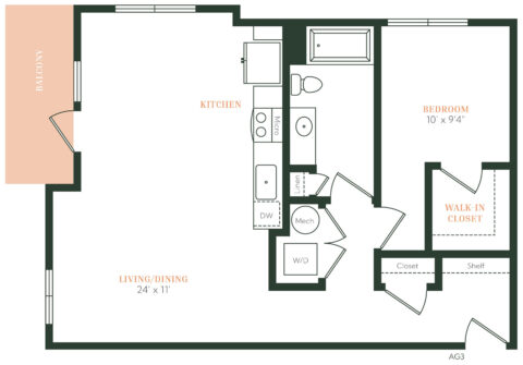 Floor plan of a one-bedroom apartment featuring a balcony, kitchen, living/dining area, bathroom, bedroom with a walk-in closet, washer/dryer, storage, and mechanical room.