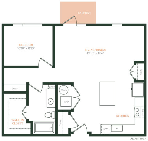 1-bedroom apartment floor plan showing a bedroom with a walk-in closet, bathroom with linen closet, kitchen with pantry, washer/dryer, living/dining area, desk, and a balcony.