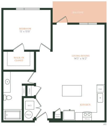 A floor plan of a one-bedroom apartment featuring a bedroom with a walk-in closet, one bathroom, a kitchen with pantry, living/dining area, laundry space, mechanical room, and a balcony.