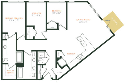 Apartment floor plan showing three bedrooms, two bathrooms, a kitchen, a combined living/dining area, laundry with washer/dryer, closets, a walk-in closet, and a balcony connected to the living/dining space.