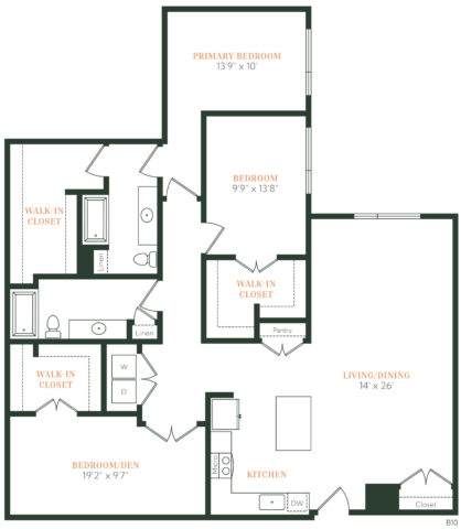 Floor plan of a three-bedroom apartment featuring a primary bedroom with walk-in closet and en suite, two additional bedrooms, another bathroom, kitchen, living/dining area, pantry, linen closet, and multiple walk-in closets.