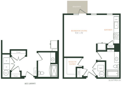 Floor plan showing a studio apartment with combined bedroom/living area, kitchen, bathroom, walk-in closet, washer/dryer, linen closet, pantry, and balcony. An alternative layout is included on the left.