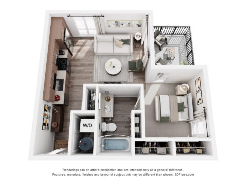 3D floor plan of a one-bedroom apartment featuring a kitchen, living room, bathroom, washer/dryer, bedroom, closets, and a balcony with seating. Light colors and modern furnishings are used throughout.