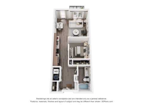 3D floor plan of a one-bedroom apartment showing a living room, kitchen, dining area, bedroom, bathroom, and laundry area, with modern furnishings and a balcony.