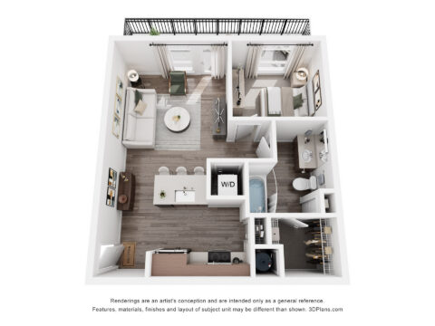 3D floor plan of a modern apartment with one bedroom, one bathroom, open kitchen, living area, washer/dryer, and a balcony. Furniture and appliances are included.