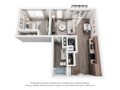 3D floor plan of a one-bedroom apartment featuring a bedroom, bathroom, open living room and kitchen, laundry area (W/D), and large windows. Modern furnishings and wood-style flooring are shown.