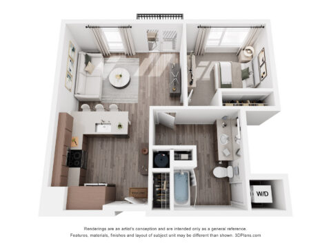 3D floor plan of a one-bedroom apartment featuring a kitchen, dining area, living room, bathroom, bedroom, laundry closet, and balcony with neutral furnishings and modern decor.