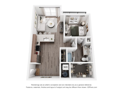 3D floor plan of a one-bedroom apartment with an open living room and kitchen, a bathroom, washer/dryer, closet, and a bedroom with a large bed and two windows.