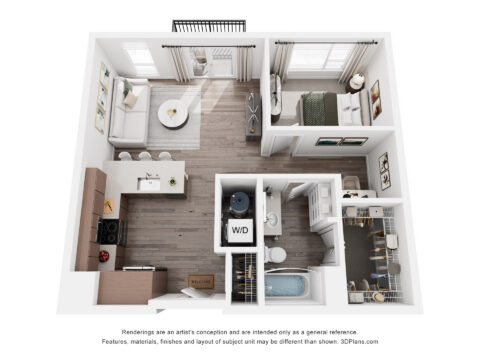 3D floor plan of a one-bedroom apartment featuring a kitchen, living room, bedroom, bathroom, washer/dryer, and walk-in closet, all with modern furnishings and wood-style flooring.