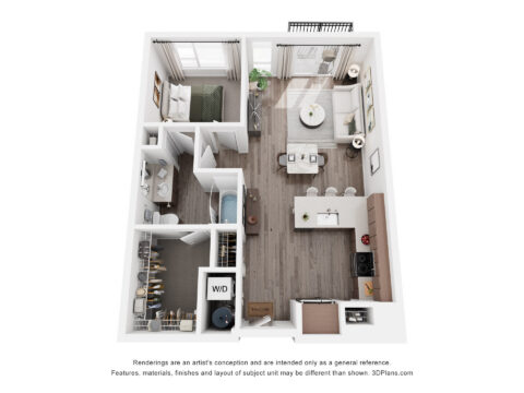 3D floor plan of a modern one-bedroom apartment with an open kitchen, living, and dining area, a bathroom, a laundry closet, a balcony, and a walk-in closet adjacent to the bedroom.