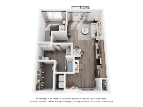 3D floor plan of a one-bedroom apartment with a living room, kitchen, bathroom, bedroom, balcony, and closets, viewed from above. Modern furnishings and light wood flooring throughout.