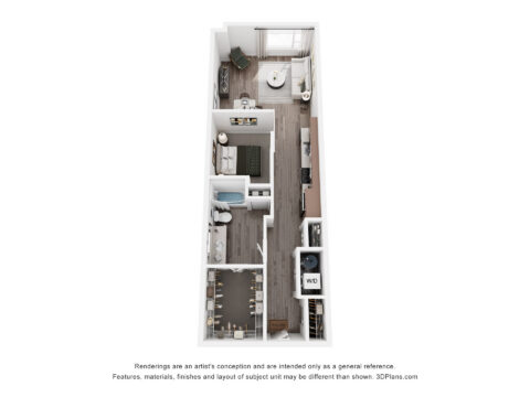 3D floor plan of a one-bedroom apartment with open living room, kitchen, bathroom, bedroom, washer/dryer area, and large windows in the living space.