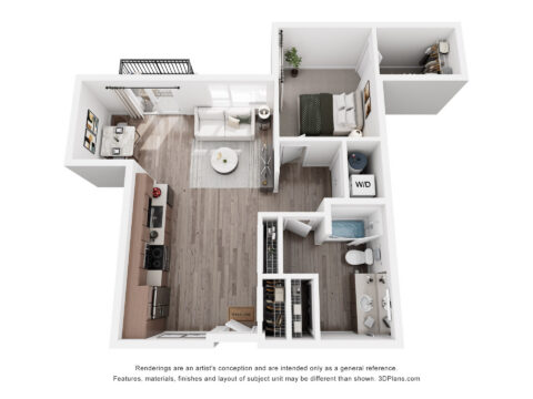 3D floor plan of a one-bedroom apartment with a living room, kitchen, dining area, bedroom, bathroom, laundry space, closets, and a balcony. Furniture and decor are included in the layout.