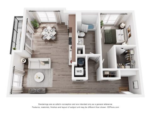 3D floor plan of a one-bedroom apartment with a living room, dining area, kitchen, bathroom, bedroom, walk-in closet, and a balcony. Washer and dryer are in a laundry closet near the entry.