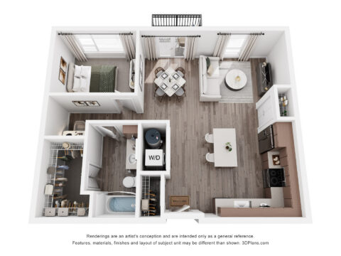 3D floor plan of a one-bedroom apartment with a kitchen, living room, dining area, bathroom, laundry, bedroom, and balcony. Furniture and appliances are included in the layout.