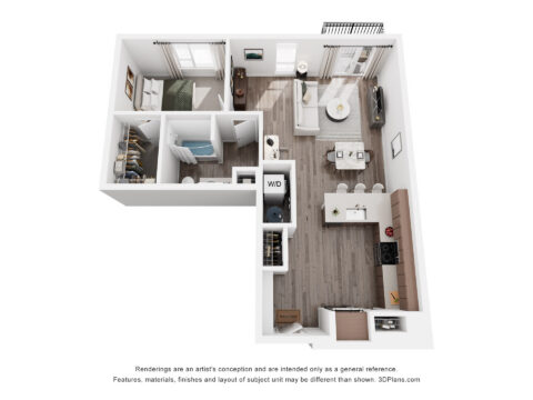 3D floor plan of a one-bedroom apartment with a kitchen, dining area, living room, bathroom, bedroom, walk-in closet, and laundry area. Furniture and appliances are shown for layout reference.
