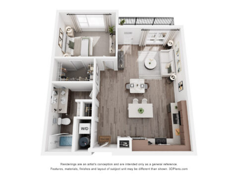 3D floor plan showing a one-bedroom apartment with a kitchen, living room, dining area, bathroom, laundry, balcony, and a bedroom with a large window. Modern furnishings and neutral colors throughout.