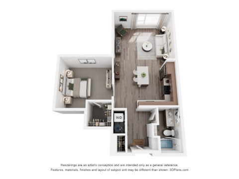 3D floor plan of a one-bedroom apartment with a bedroom, bathroom, open kitchen and living area, laundry, and large windows in the living room. Modern, compact layout with furniture depicted.