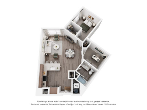 3D floor plan of a one-bedroom apartment featuring a bedroom, bathroom, kitchen, dining area, living room, laundry closet, and large windows. Furniture and decor are included for illustration.