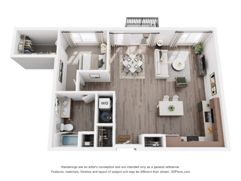 3D floor plan of a modern one-bedroom apartment with open kitchen, living room, bedroom, bathroom, laundry area, balcony, and large windows. Neutral colors and wood flooring are featured throughout.