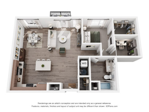3D floor plan of a modern apartment with one bedroom, one bathroom, open kitchen, dining, and living areas, laundry closet, balcony, and walk-in closet. Neutral decor and wood-style flooring throughout.